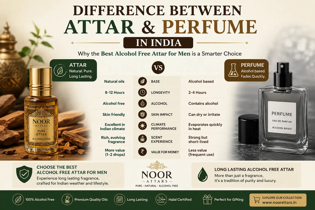**Alt Text:** Difference between attar and perfume in India infographic showing best alcohol free attar for men and long lasting alcohol free attar compared with alcohol-based perfume bottles and fragrance benefits
