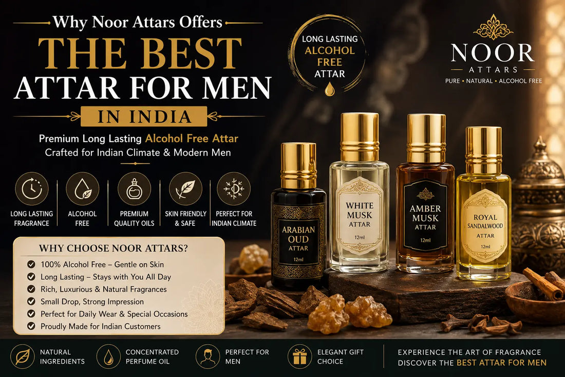 **SEO-Friendly Alt Text:** Best Attar for Men in India featuring Noor Attars long lasting alcohol free attar perfume oils with luxury oriental fragrance bottles for daily wear and special occasions.