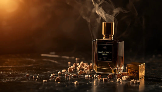 Pure sandalwood attar luxury perfume oil bottle with sandalwood pieces representing the best attar for men and long lasting alcohol free fragrance